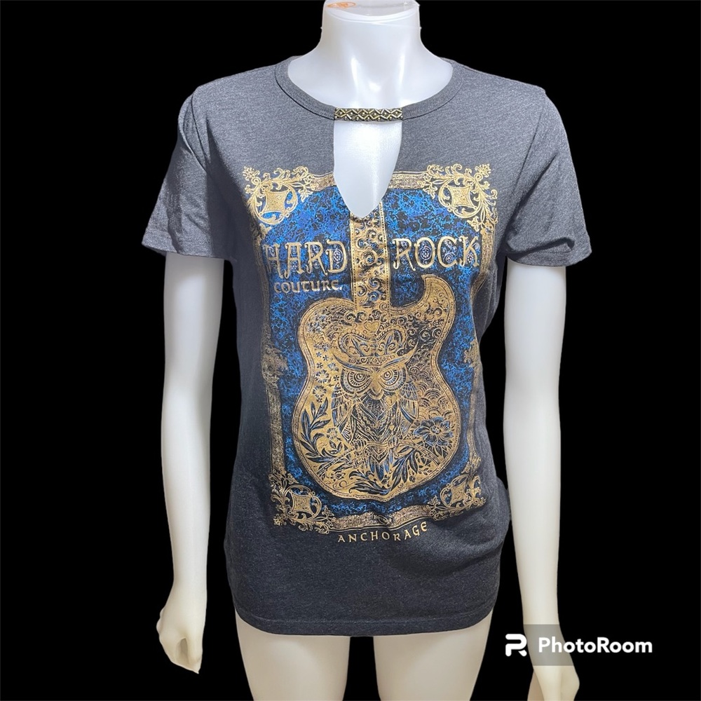 Hard Rock Cafe Anchorage Gray Vneck with Necklace Gold Owl on a Guitar Sz L